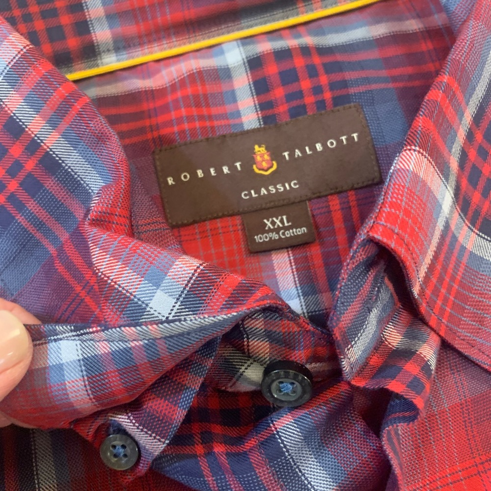 Robert Talbott, XXL, long sleeves, red/blue plaid. Like new. Gorgeous!